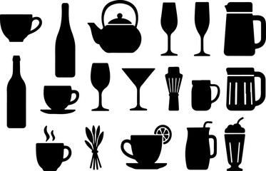 Collection of black silhouette icons representing various beverages and serving items including cups bottles glasses teapots mugs and a shaker
