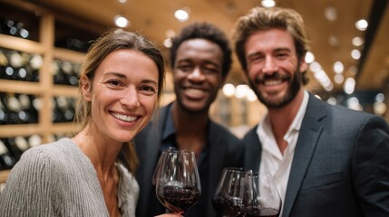 Friends enjoy a joyful evening at a wine tasting event in a cozy vineyard