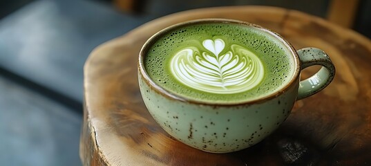 A cup of green matcha latte with foam art 