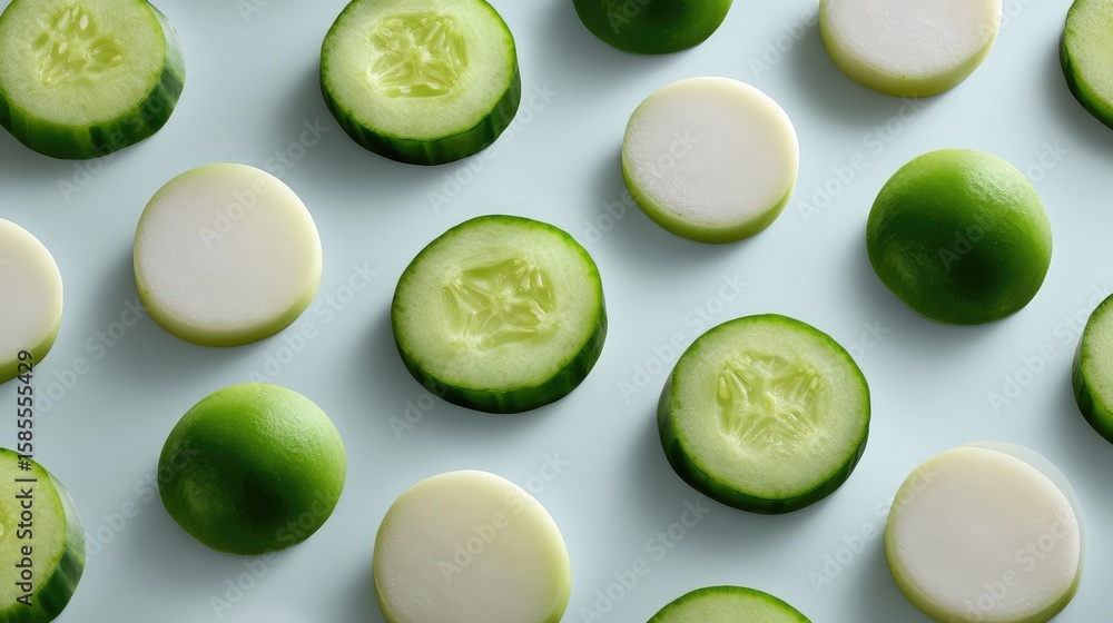 Poster minimal image of sliced cucumber and radish rounds with light background and space