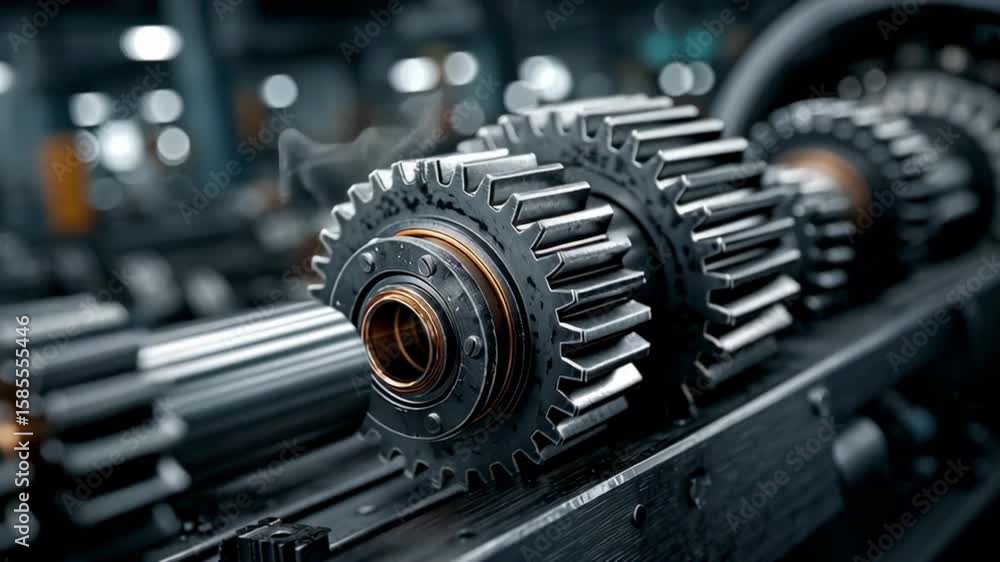 Poster close-up of metallic gears in industrial setting with detailed mechanical features and precision eng
