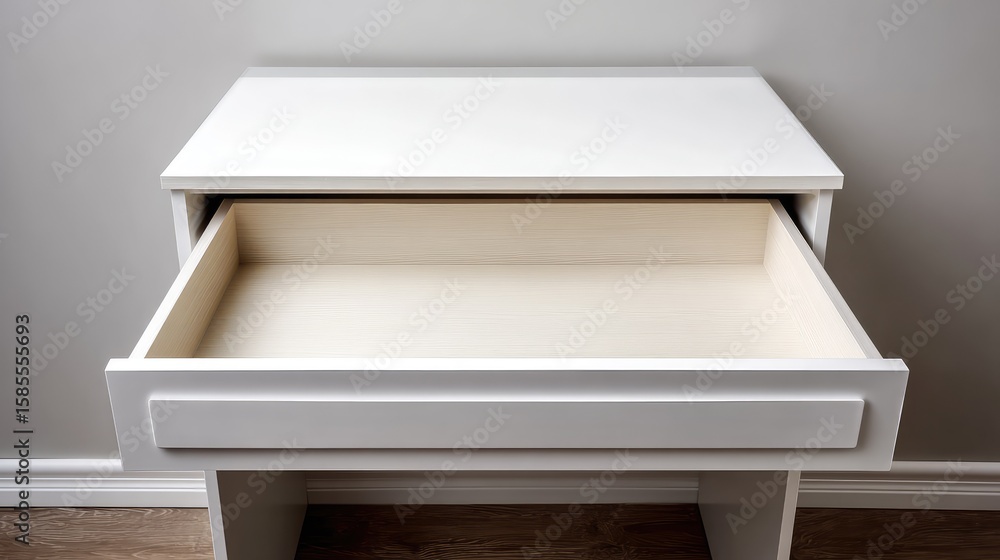 Poster modern compact vanity table with drawer opened halfway, smooth white surface with empty area