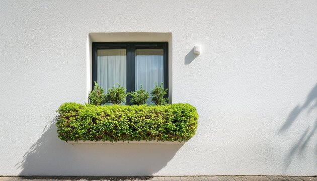 una pared blanca de la fachada de una casa con un ventanal moderno y elegante con decoraciones de plantas verdes hermosas