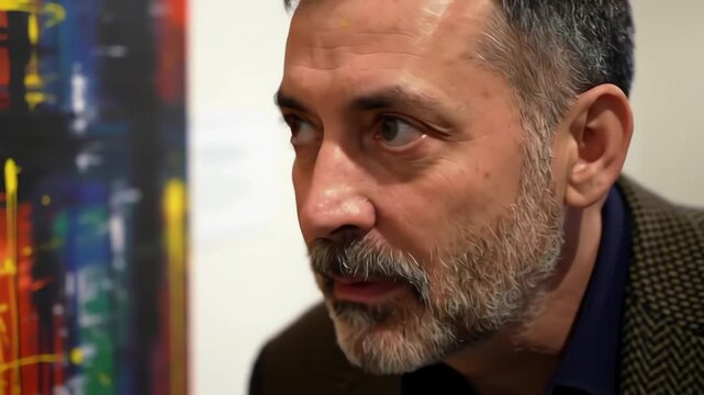 Close up of a thoughtful mature man with a beard observing modern abstract art in a gallery
