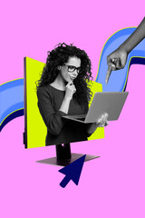 Poster image artwork banner collage of minded businesswoman hold laptop think development decision...