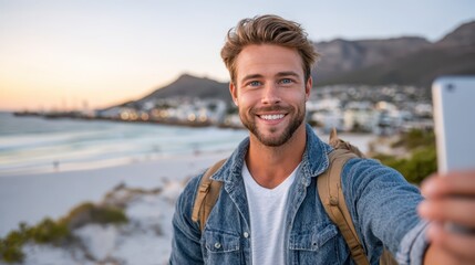 Smiling traveler captures memories at sunset beach in coastal paradise