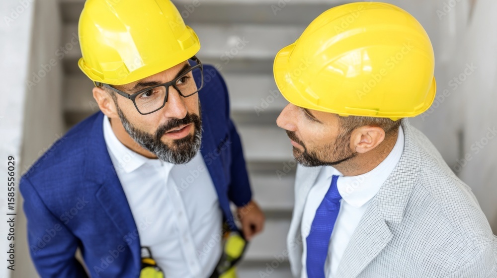 Poster construction worker and architect collaborating while climbing a ladder at a building site to overse