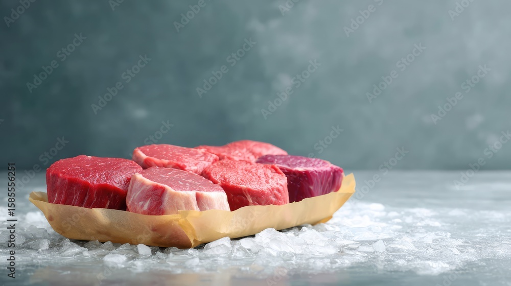 Poster neatly arranged frozen meat steaks in butcher paper wrap placed on icy surface with copy space