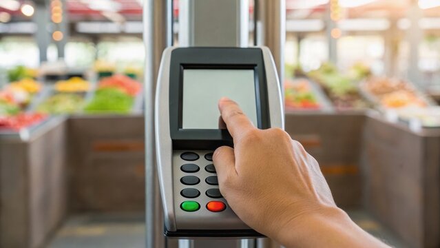 Self-service kiosk with a hand interacting on the touchscreen, set in a market filled with fresh produce.