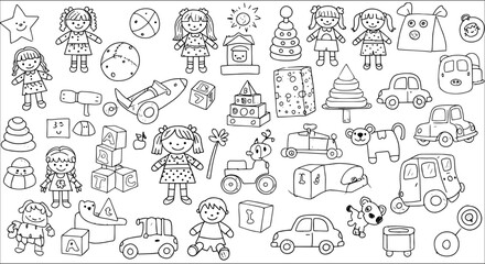 Black and White Outline Drawing of Assorted Children's Toys: Dolls, Cars, Blocks, Stacking Toys, Animals, and More, Great for Coloring Books