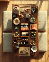 Stół z tradycyjnymi japońskimi potrawami – sushi, miso, ryż, sashimi i inne dania podane w elegancki, minimalistyczny sposób, zgodnie z japońską kulturą kulinarną.