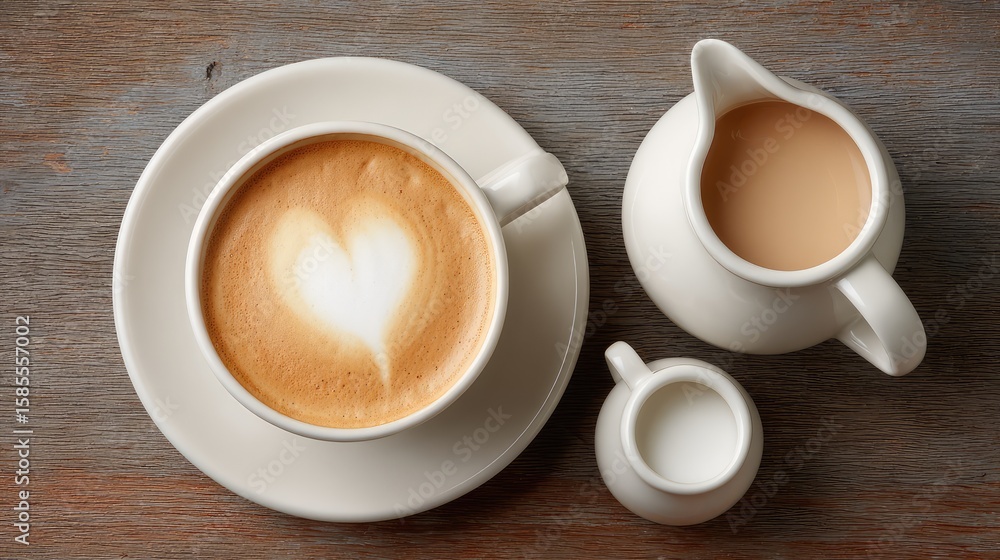 Poster overhead view of latte coffee set with milk jug and sugar bowl on wooden table with soft lighting an