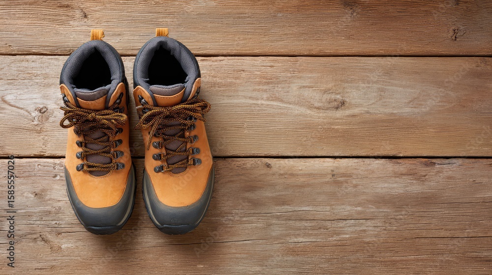Poster overhead view of hiking boots placed on rustic wooden floor with open space to one side