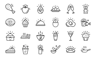 Collection of Hand-Drawn Food and Drink Line Icons with Light Effects Featuring Fast Food, Desserts, Beverages, and Hot Meals on White Background