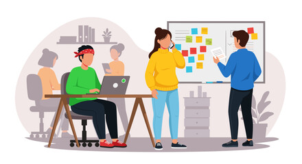 A diverse team of professionals collaborates on a project in a modern office, utilizing a whiteboard with sticky notes for agile task management and brainstorming.