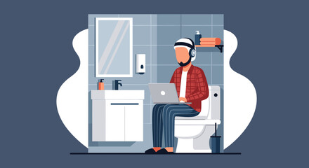 A man working remotely on a laptop while sitting on a toilet in a bathroom, wearing headphones, illustrating the concept of remote work and unconventional workspaces.