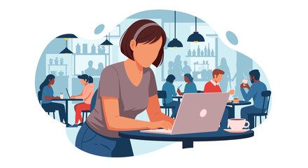 A woman works on her laptop in a bustling cafe, surrounded by other patrons enjoying coffee and conversation.