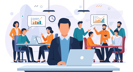 A diverse team of professionals collaborates in a modern office setting, analyzing data and strategizing for business growth, with charts and graphs displayed on the walls.
