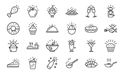 Collection of Hand-Drawn Food and Drink Line Icons with Light Effects Featuring Fast Food, Desserts, Beverages, and Hot Meals on White Background
