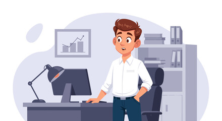 A young businessman stands confidently at his desk, contemplating his company's financial growth, with a modern office environment in the background.