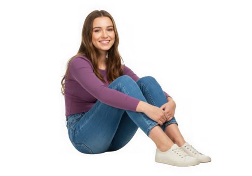 A young woman sitting with her knees up and smiling at camera on transparent background