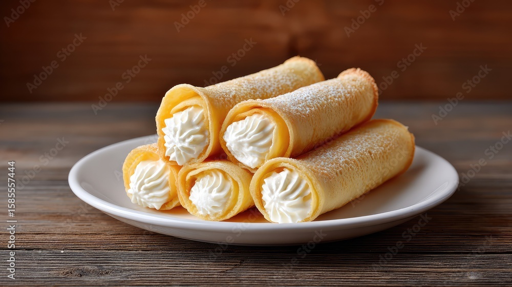Poster pastry rolls filled with cream on a white plate placed on rustic wooden surface with empty backgroun