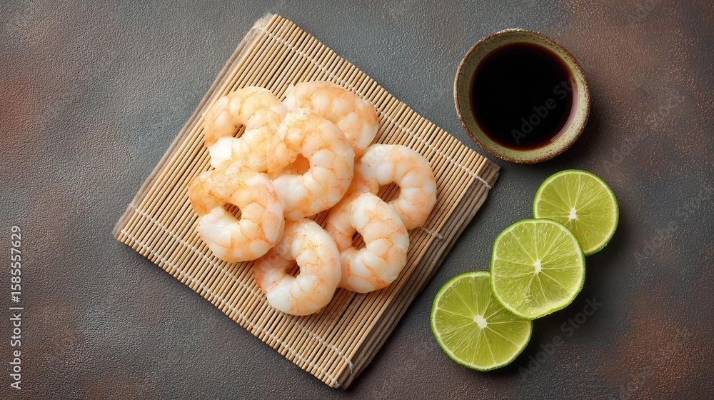 Poster raw shrimp on sushi mat with lime wedges and soy sauce ingredients positioned aside with space