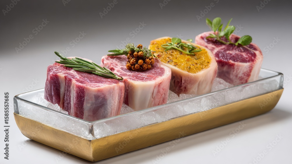 Poster refrigerated meat tray with bone-in cuts and spice accents placed on ice with open layout