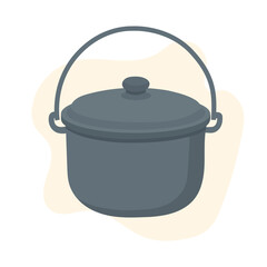 Dark camping pot with handle helps travelers cook in wild, camping pot use simplifies meals and pot design supports portable outdoor lifestyle.