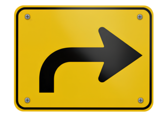 Yellow Curve Right Arrow Sign isolated on a transparent background