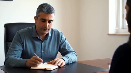 Professional gray-haired man sitting at a desk and writing in a diary during an office meeting - Powered by Adobe
