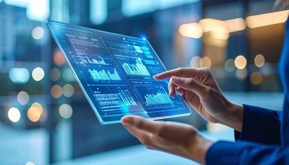 Closeup of a person's hands using a transparent tablet with AR interface, digital data overlays floating in air