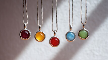 Set of birthstone necklaces on neutral background with soft light and open space for overlay