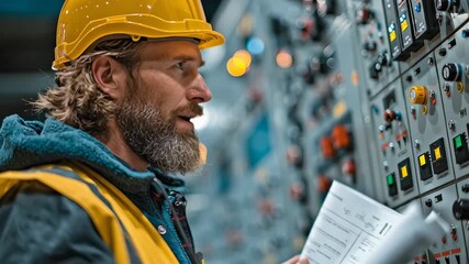 Male technician with beard wearing safety helmet examining control panel in industrial facility during daytime work hours