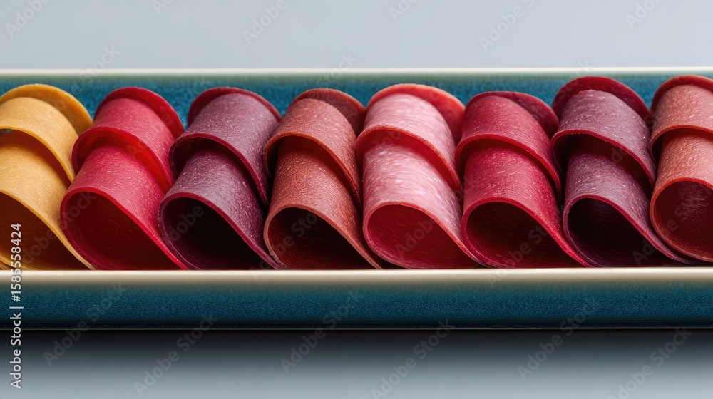 Poster sliced cold cured meats in rows on ceramic tray with minimal background and empty space