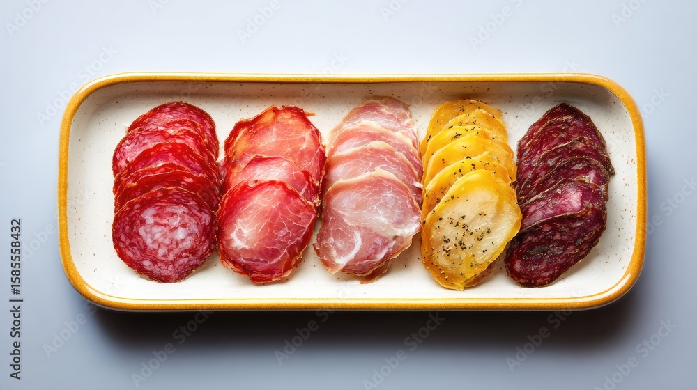 Poster sliced cold cured meats in rows on ceramic tray with minimal background and empty space