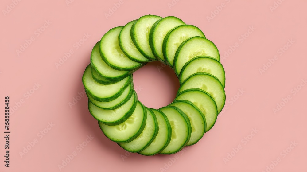Poster sliced cucumbers arranged in a circular pattern on a pastel background with space for branding