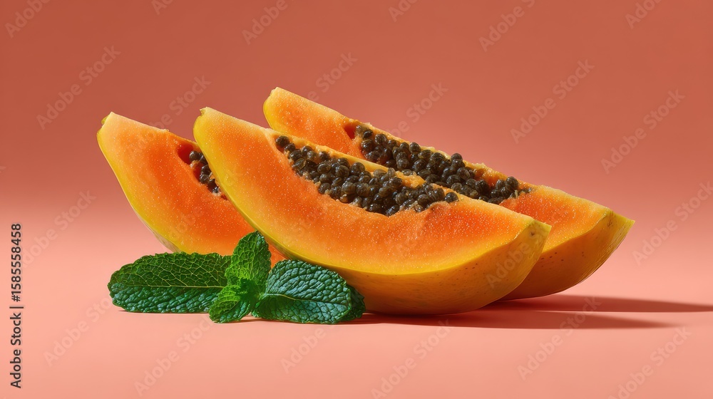 Poster sliced papaya with seeds and mint garnish placed on light pink background with open space