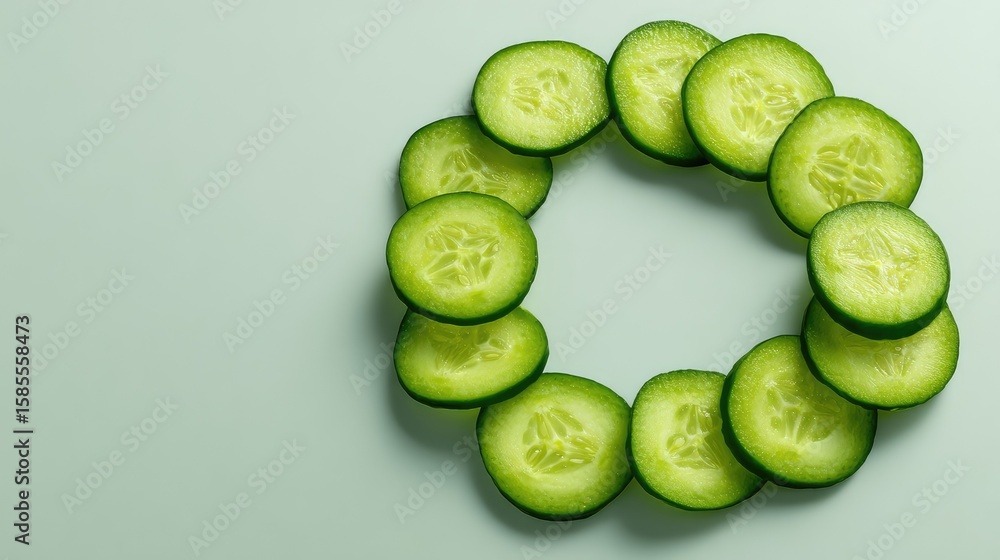 Poster sliced cucumbers arranged in a circular pattern on a pastel background with space for branding