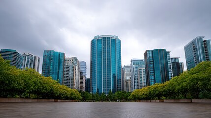 Obraz premium Skyscraper with blue reflective windows towering over surrounding buildings, empty paved plaza in front