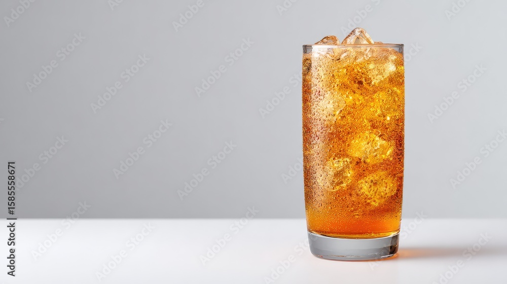 Poster sparkling soda with ice cubes in a clear glass on white background with condensation and layout spac