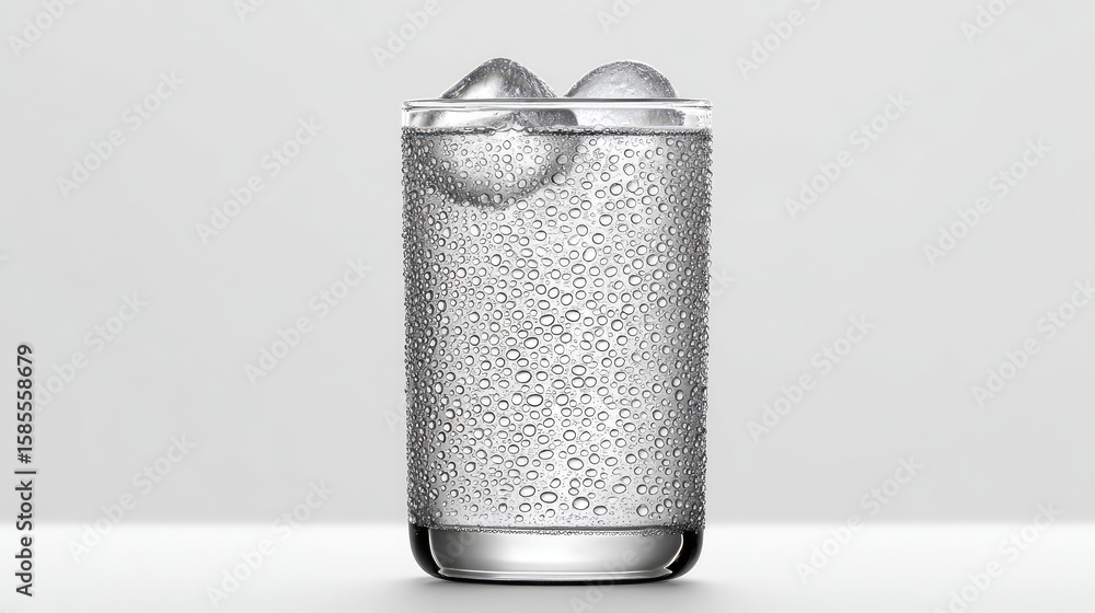 Poster sparkling soda with ice cubes in a clear glass on white background with condensation and layout spac
