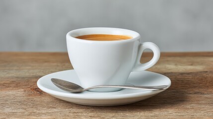 Fototapeta premium Small ceramic espresso cup and saucer on light wooden surface with silver spoon and empty background