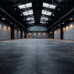photography of a empty warehouse with clean spotless black granite floor, with a soft spot light.