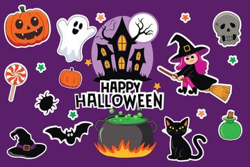 Set of Halloween stickers in cartoon style, pumpkin, ghost, witch on a broom, black cat, cauldron with green potion, bat, candy, haunted house surrounded by the moon and tree branches.