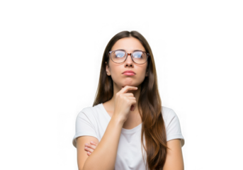 A young woman with glasses in a thoughtful pose on black space on transparent background