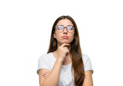 A young woman with glasses in a thoughtful pose on black space on transparent background - Powered by Adobe