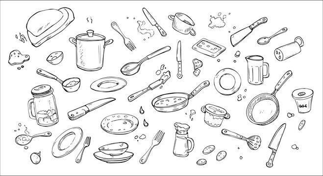 Hand-drawn collection of kitchen utensils, cookware, and culinary elements like pots, pans, knives, plates, and food splashes in a detailed doodle style on white.