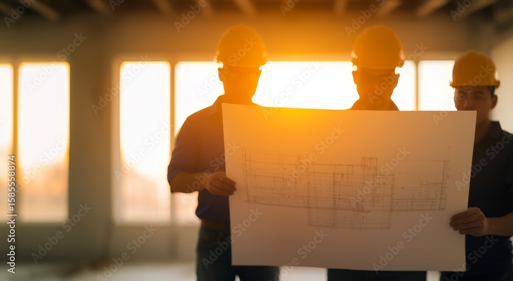Poster two construction workers analyzing blueprint together while discussing plans for a new building proj