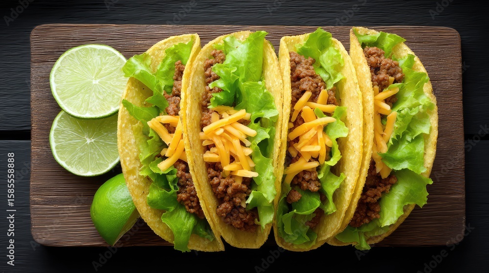 Poster tacos filled with meat, cheese, and lettuce arranged neatly with lime slices on rustic background